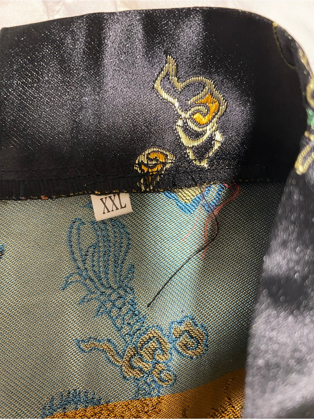 Black Gold satin kimono robe traditional Asian dragon embroidery Boho Whimsical - Picture 12 of 14